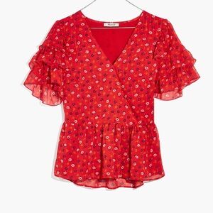 Madewell Peplum Ditsy Floral Top Prairie Posies Short Flutter Sleeve V-Neck Red